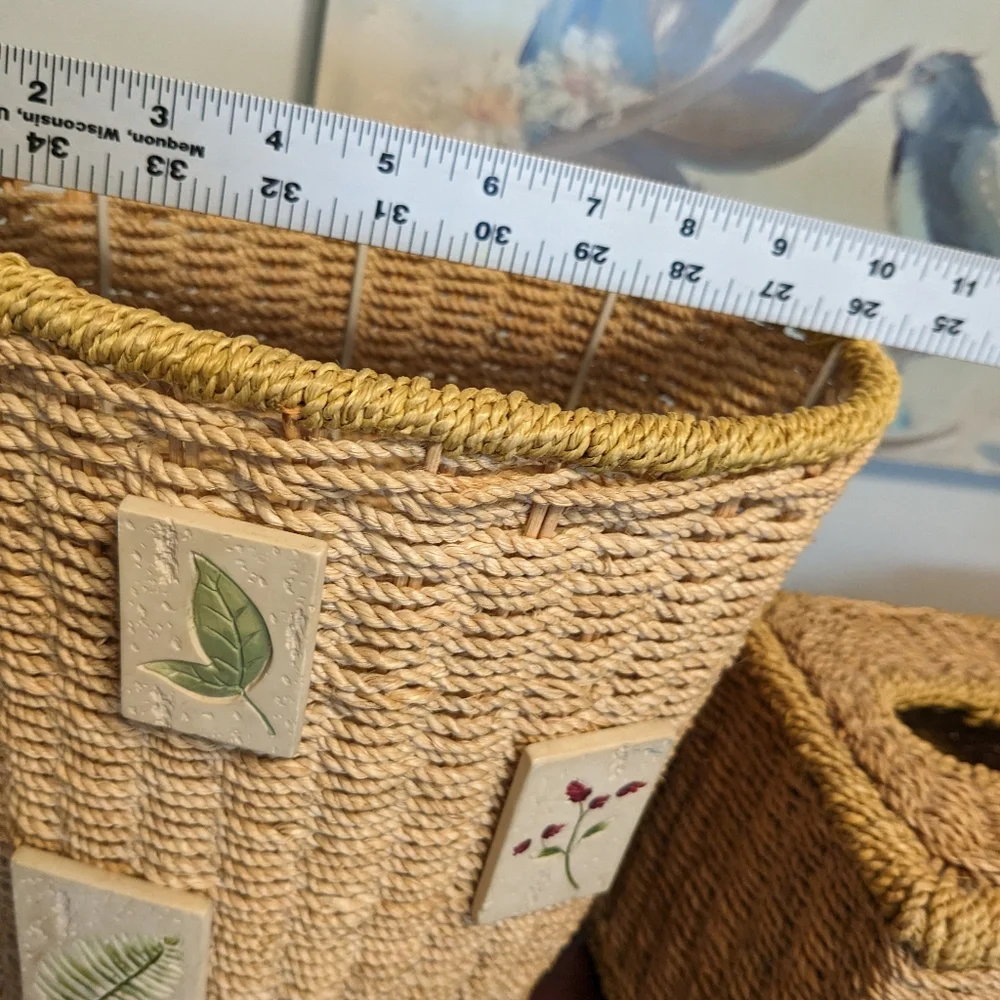 Woven Wicker Trash Can & Tall Tissue Box Cover Bohemian EUC Floral Tiles 2 Pcs